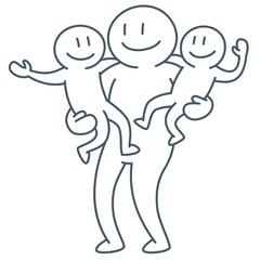 Father hold children by hands - simple line art illustration for Father's day