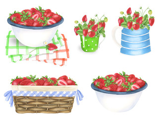 Strawberry in a bowl , a cup, a jug and a basket, watercolor painting. For design cards, banners and textile.