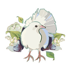 White illustration with flower bouquet and bird.