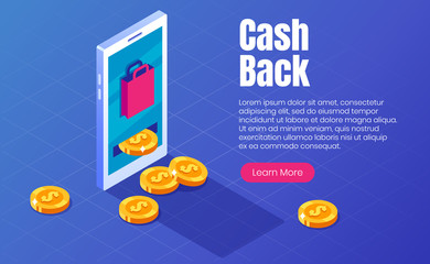 Cashback isometric landing page template. Cash back service app. 