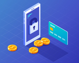 Data protection isometric illustration. Secure mobile payments, personal data protection. 3d flat design. Smartphone with credit card, coins and lock.