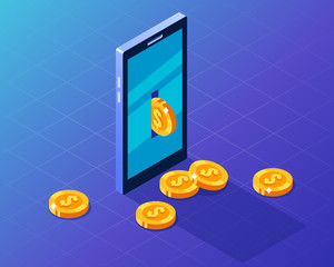 Isometric smartphone and money coins. Flat isometric illustration.