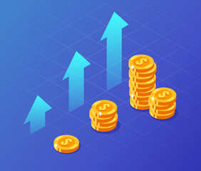 Stacks of coins with up arrows. Investment growth, isometric illustration.