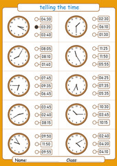 telling the time, choose the correct time, worksheet for children, what is the time
