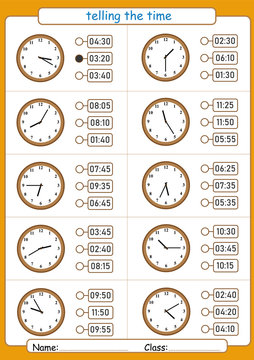 telling the time, choose the correct time, worksheet for children, what is the time