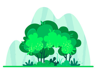 Fototapeta premium Fantastic and cute forest with texture on the background of mountains. Vector illustration of nature on white background. Landscape background
