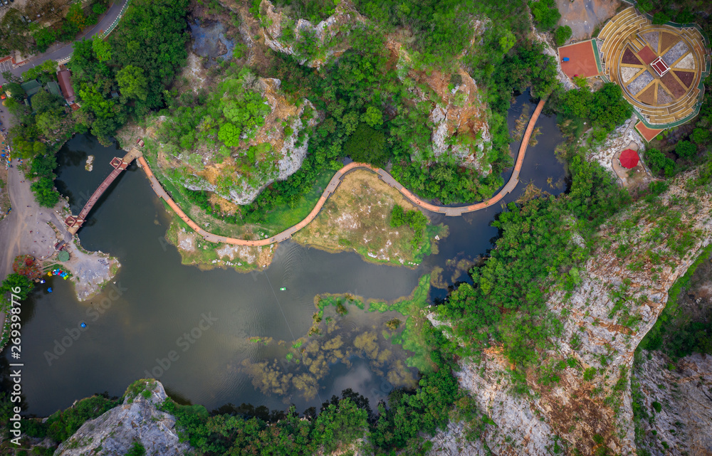 Wall mural aerial over view khao ngoo mountain rock or snake mountain rock are high cliff and landmark ratchaburi province thailand