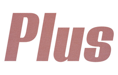 Plus word with terracotta colored fabric texture on white background