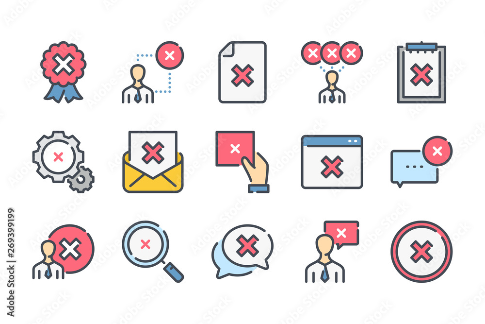 Poster cancellation related color line icon set. negative result linear icons. decline and cancel colorful 