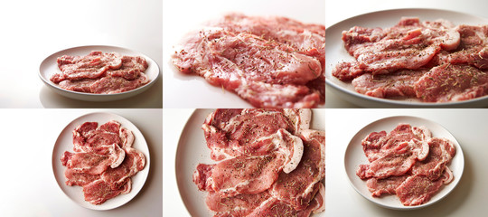 Fresh raw seasoned pork, multiple images 