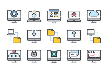 Computer technology related color line icon set. Data transfer and computer options linear icons. Synchronization and network technology colorful outline vector sign collection.