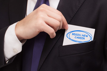 Business, technology, internet and networking concept. Young entrepreneur showing keyword: begin...