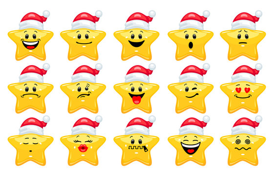 Vector set of star emoticons. Collection of yellow stars wearing Santa hat with different emotions in cartoon style on white background
