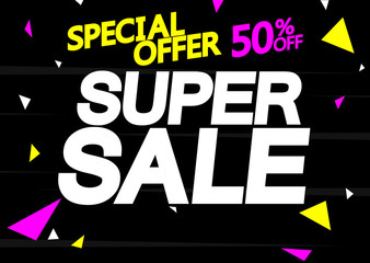 Fototapeta na wymiar Super Sale, up to 50% off, poster design template, special offer, vector illustration