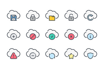 Obraz premium Cloud service related color line icon set. Online technology linear icons. Cloud network and data colorful outline vector sign collection.