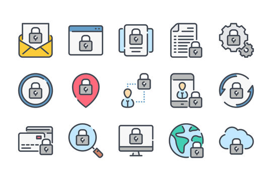 Data protection related color line icon set. Cybersecurity linear icons. Cyber protection colorful outline vector sign collection.