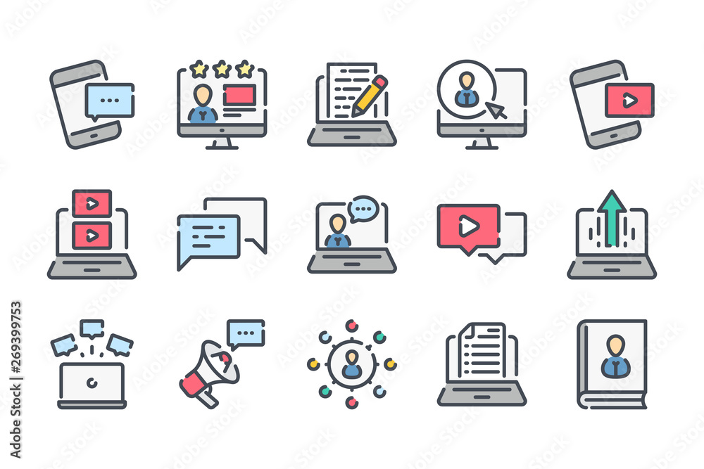Fototapete Blog and Content related color line icon set. Online Blogging linear icons. Streaming and storytelling colorful outline vector sign collection.