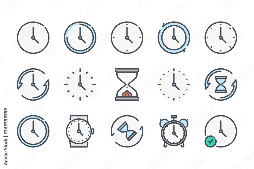 Poster time and countdown related color line icon set. clock and watch linear icons. hourglass and timer co