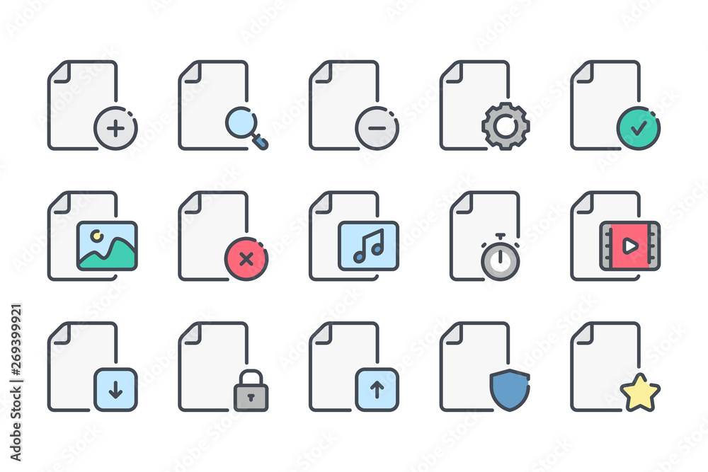 Poster file type related color line icon set. docs and files linear icons. file type colorful outline vecto