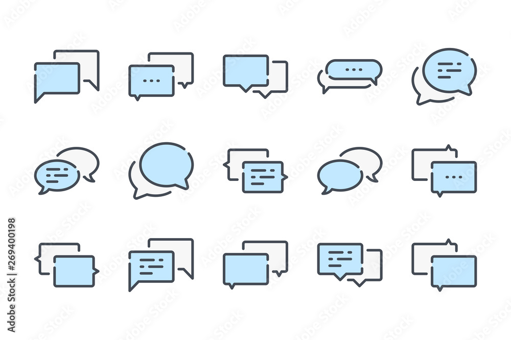 Poster chat bubble related color line icon set. message linear icons. communication colorful outline vector