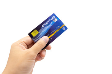 Personal hand holding credit card, white background, cashless concept Electronic money Creating liabilities
