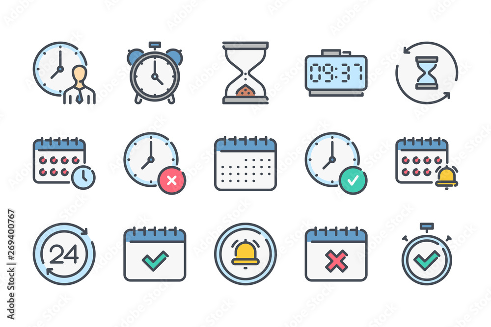 Poster time and date related color line icon set. alarm and timer linear icons. hourglass and calendar colo