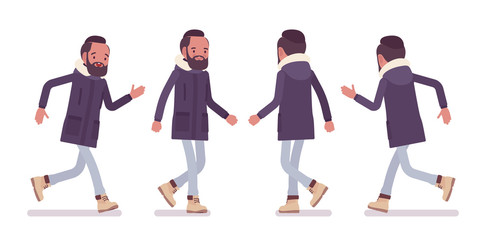 Fototapeta premium Parka man running. Young guy wearing warm windproof jacket with a hood, cold weather city male outfit. Vector flat style cartoon illustration isolated on white background, front and rear view
