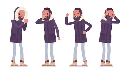 Fototapeta premium Parka man in negative emotions. Young angry guy wearing warm windproof jacket with a hood, cold weather city male outfit. Vector flat style cartoon illustration isolated on white background