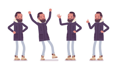 Parka man in positive emotions. Young happy guy wearing warm windproof jacket with a hood, cold weather city male outfit. Vector flat style cartoon illustration isolated on white background © andrew_rybalko