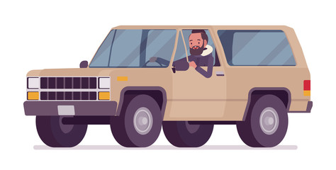 Parka man driving an offroad car. Young guy wearing warm windproof fall jacket with a hood, cold weather city male outfit. Vector flat style cartoon illustration isolated on white background