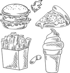 Vector contour illustration with hamburger, pizza, french fries and ice cream on white background. Postcard and logo design.Good for printing. 