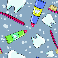 Vector seamless pattern with tooth, toothbrush and toothpaste on grey background. Wallpaper and textile design.Good for printing. Wrapping paper idea.