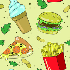 Vector seamless pattern with hamburger, pizza, french fries and ice cream on beige background. Fabric and wallpaper design.Good for printing. 