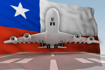 airplane taking off against the background of the flag Chile
