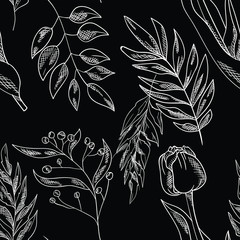 Vector seamless pattern with leaf and flower on black background.  Good for printing. Postcard and logo ideas. Wallpaper and fabric design.