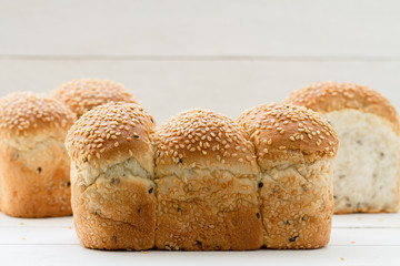 Sesame bread that is placed on the wooden floor