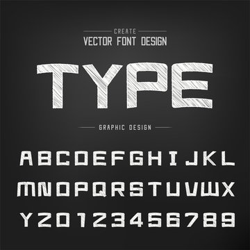 Sketch Cartoon font and alphabet vector, Chalk Square typeface letter and number Graphic text design