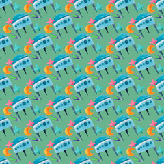 Seamless watercolor pattern.  Watercolor illustration of space objects. . The picture   is drawn by hand.  Design greeting cards, covers, fabrics, Wallpapers, background,   textiles, clothing. Childre