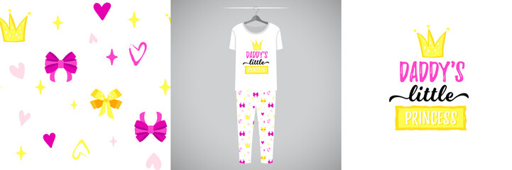 Seamless pattern and illustration for kid with game quote Daddy's little princess. Cute design pajamas on hanger. Baby background for clothes, room birthday decor, t-shirt print, kids wear fashion