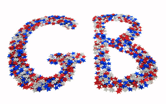 silver red and blue star confetti arranged in the shape of the letters G and B for Great Britain