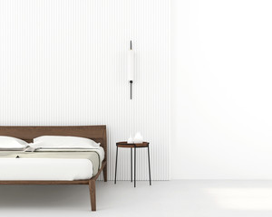 Bedroom interior with a minimalist wooden bed against a white wall with panel décor / 3D illustration, 3d render