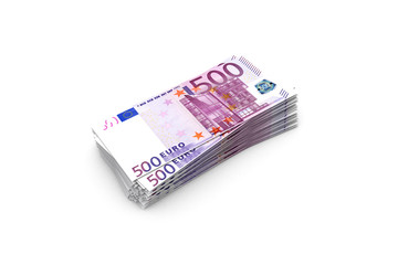 Deck of Five Hundred Euro Banknotes on White