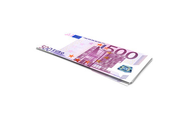 Deck of Five Hundred Euro Banknotes on White