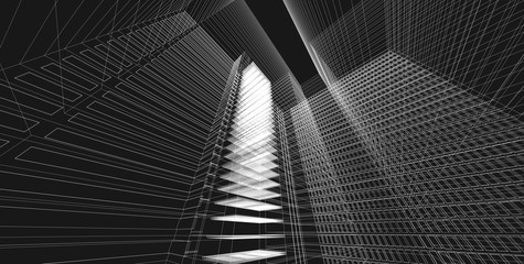 3D illustration architecture building perspective lines.