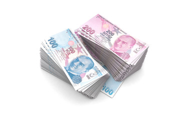 Deck of Turkish Liras Banknotes on White