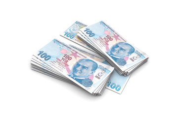 Obraz na płótnie Canvas Deck of Turkish Liras Banknotes on White