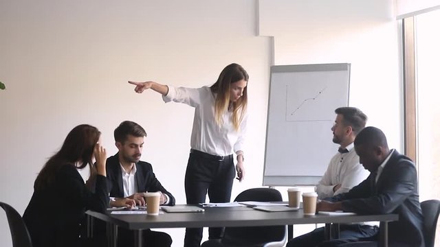 Male worker get fired by angry female boss leaving meeting