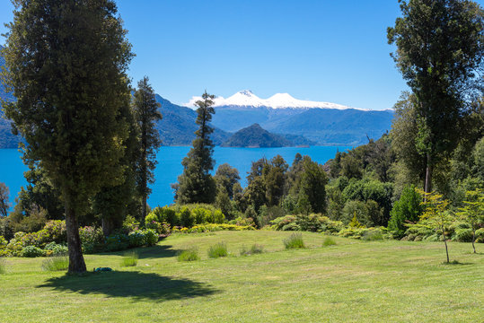 Ri&ntilde;ihue lake and Mocho-Choshuenco national reserve as background, Chile
