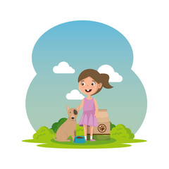 cute little girl with puppy and food bag in the camp