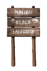 Malibu Beach California Rustic Wooden Board Sign Isolated On White Background